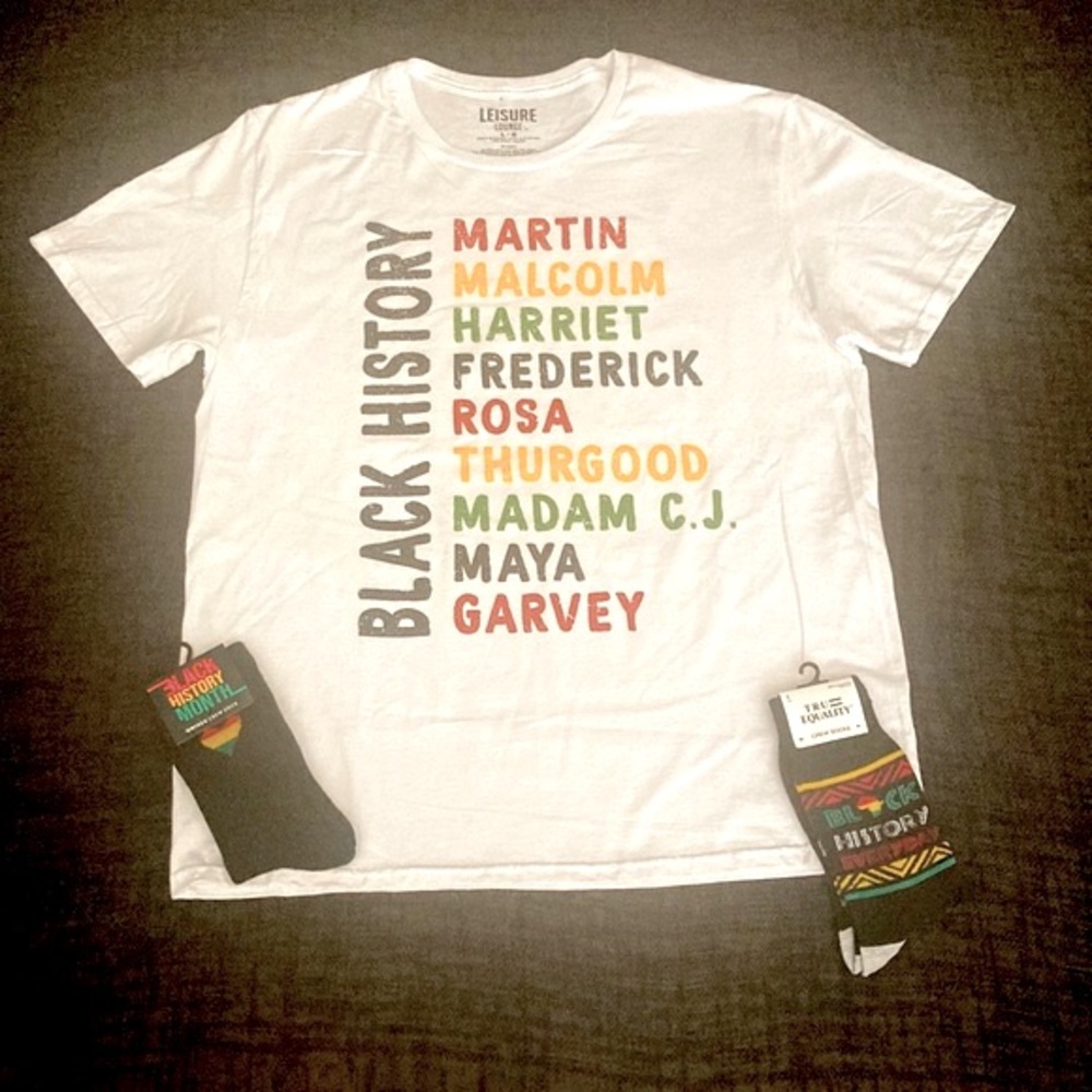 “Black History” NWOT Unisex White Multi Cotton T-Shirt and Socks Combo
